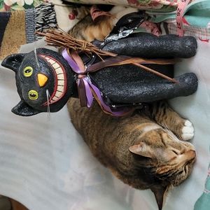 Halloween iridescent, grinning sitting cat w/cape & broom